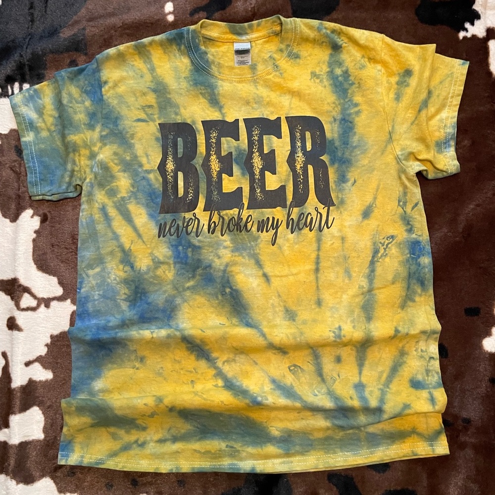 Yellow/Blue Tie Dye “Beer Never Broke My Heart” Tee!